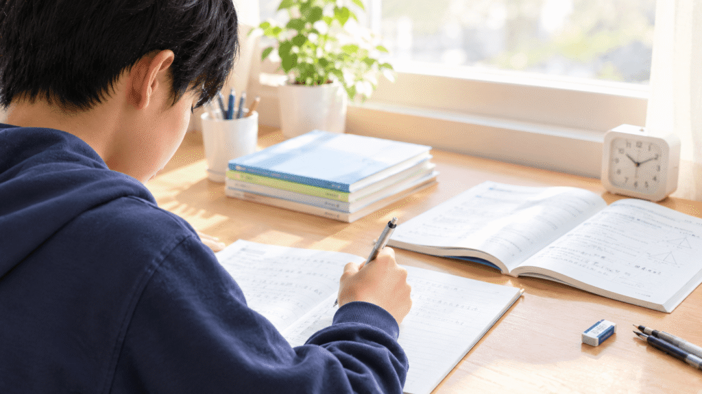 窓辺の机でノートに問題を解く中学生の後ろ姿