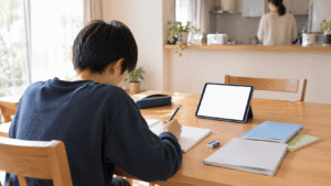 ダイニングテーブルでノートに書く中学生と、立てかけたタブレット