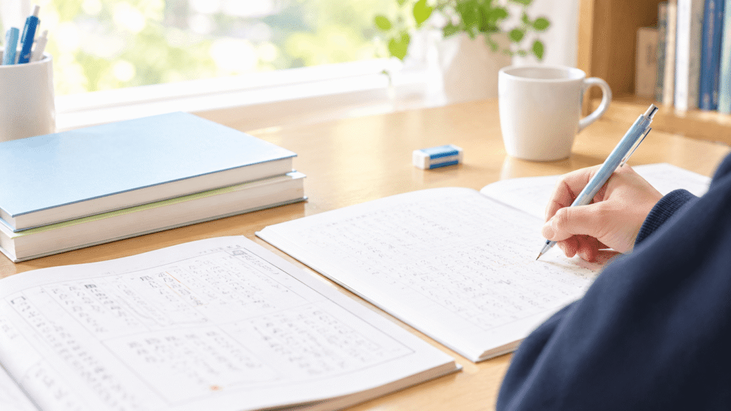 ノートに漢字を書き込む手元と問題集