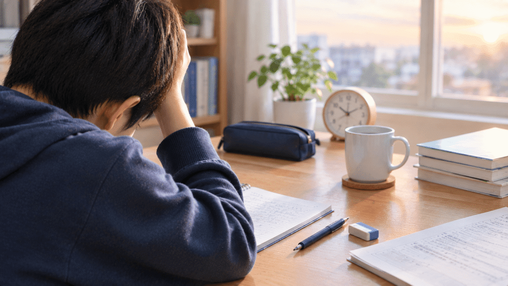 夕方の机で、テストを振り返って頭を抱える中学生の後ろ姿