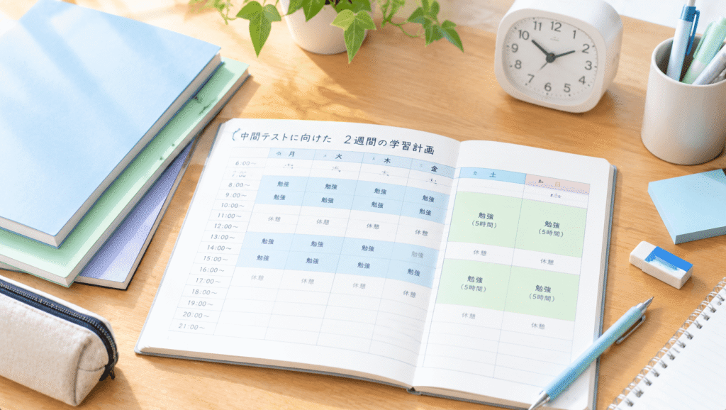 中間テストに向けた2週間の学習計画を書いたノートが机の上に開かれている
